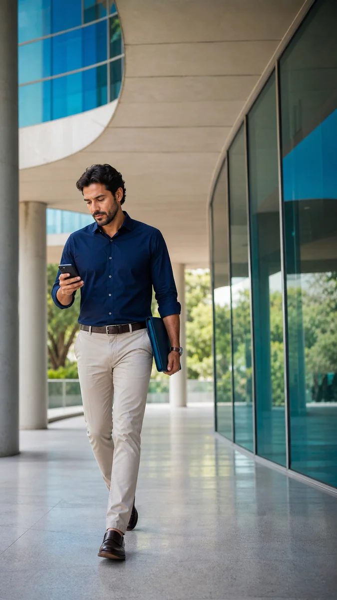 Profissional em deslocamento com celular e equipamento portátil