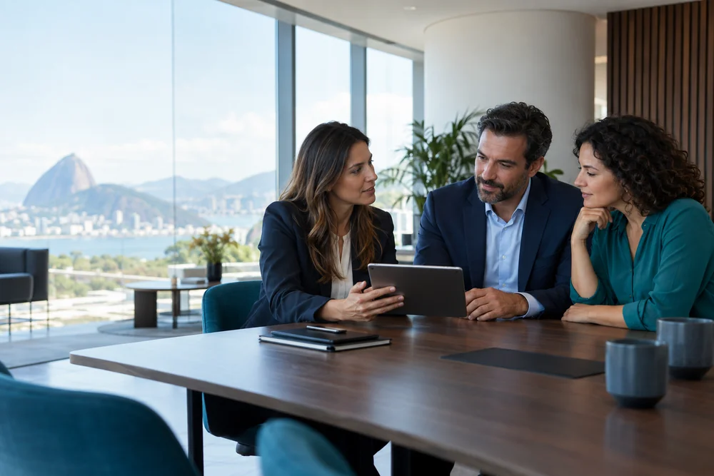 Empresários conversando com uma consultora sobre seu negócio