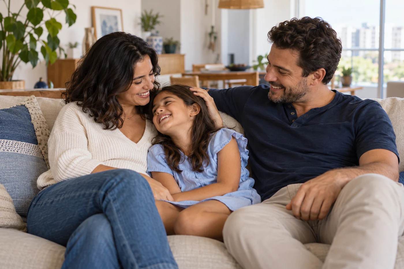 Família compartilhando um momento de carinho em casa