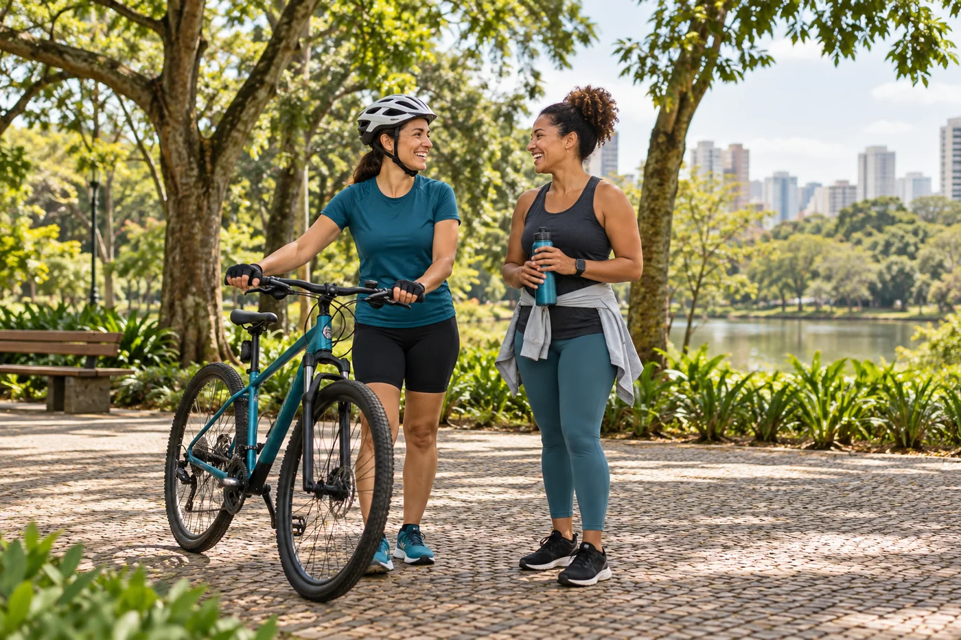 Ciclista usando capacete durante uma pausa com uma amiga em um parque