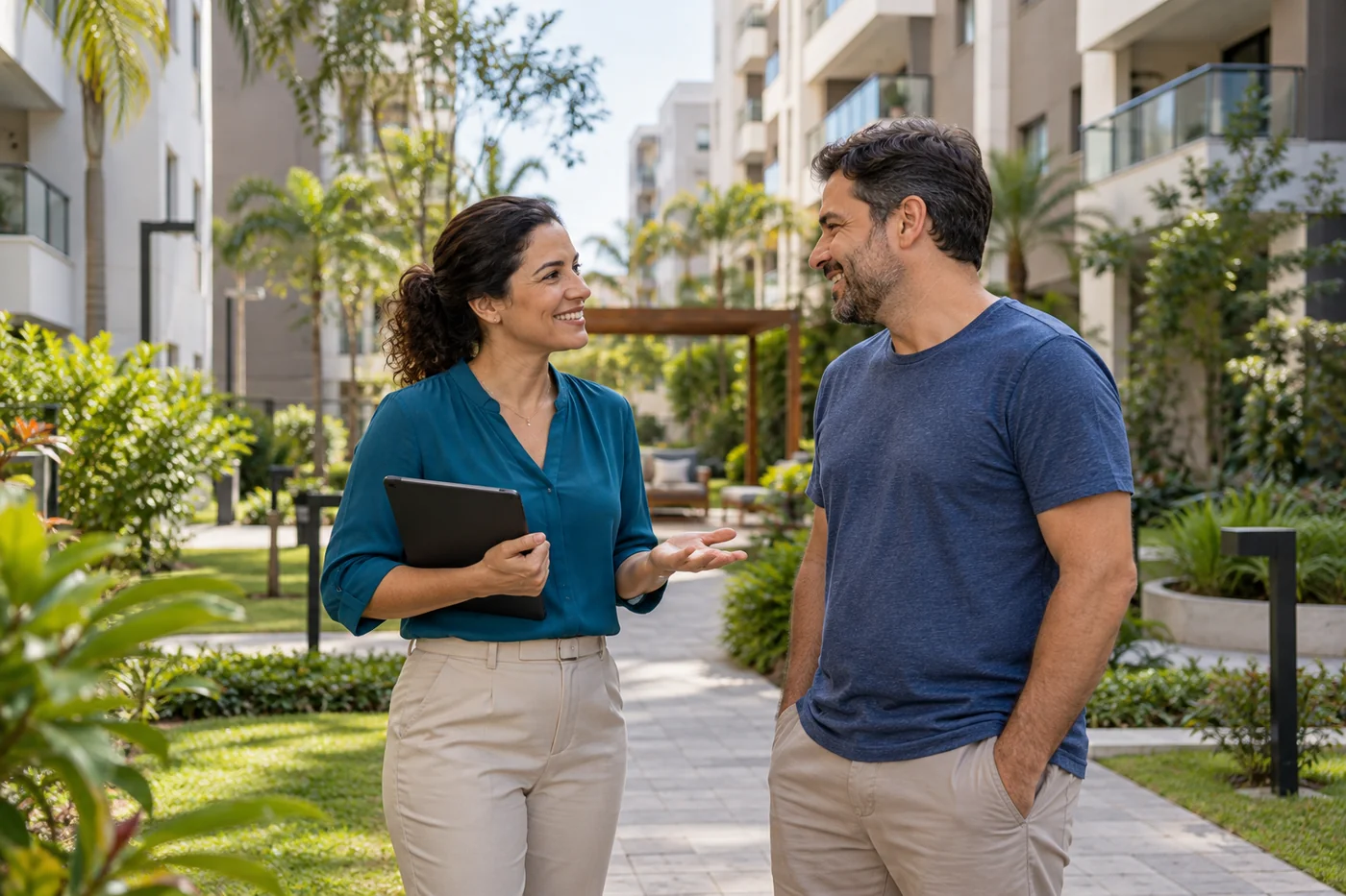 Síndica e morador conversando no jardim de um condomínio residencial