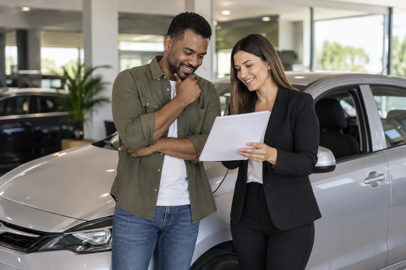 Cliente conversando com uma consultora ao lado de um carro em uma concessionária
