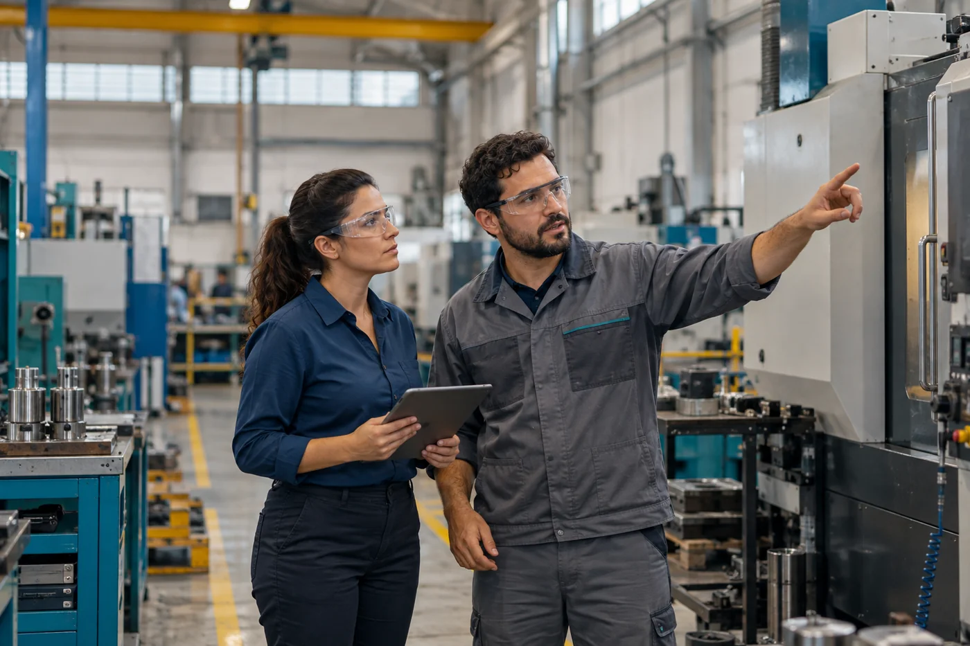 Profissionais acompanhando equipamentos em uma oficina industrial organizada