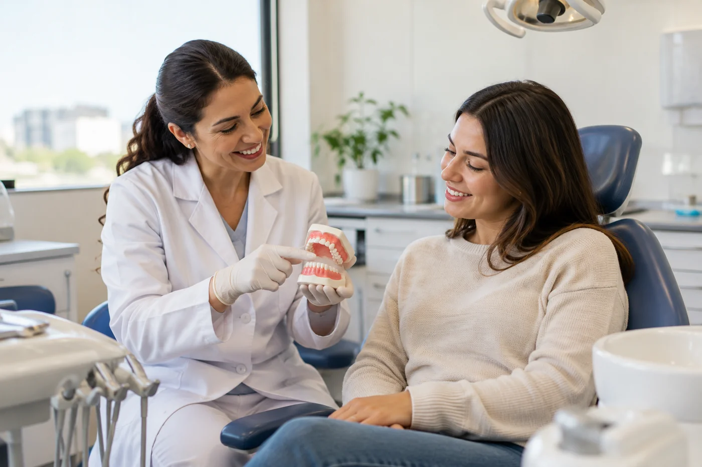 Dentista explicando cuidados preventivos a uma paciente em um consultório