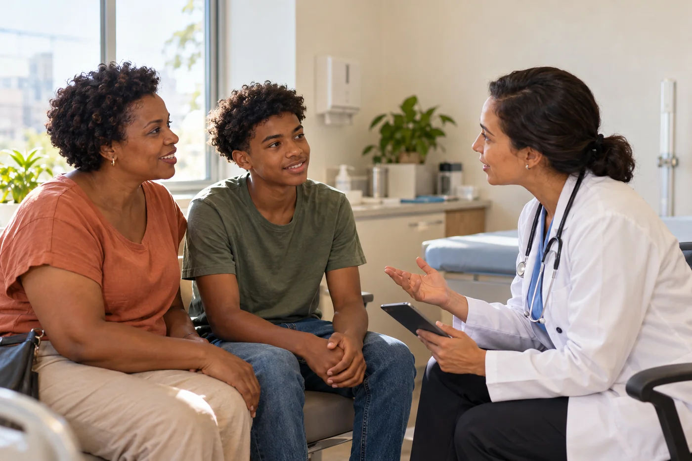Mãe e filho conversando com uma médica em uma sala de atendimento