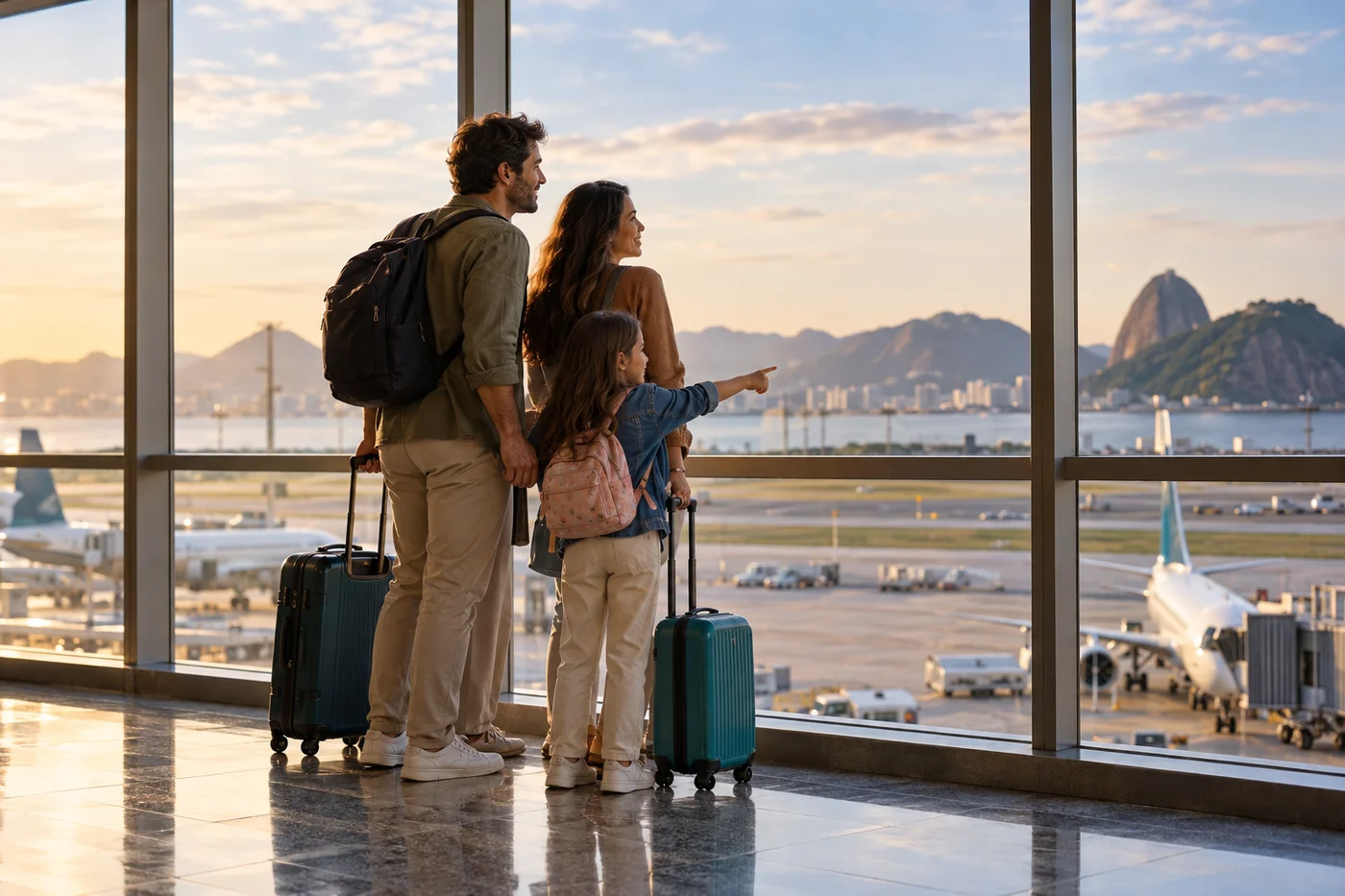 Família com malas observando a paisagem pela janela de um aeroporto